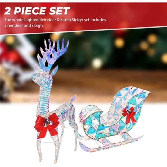 Iridescent Christmas Reindeer and Santa Sleigh Set (4ft w/ 140 Lights) - Picture 3 of 6